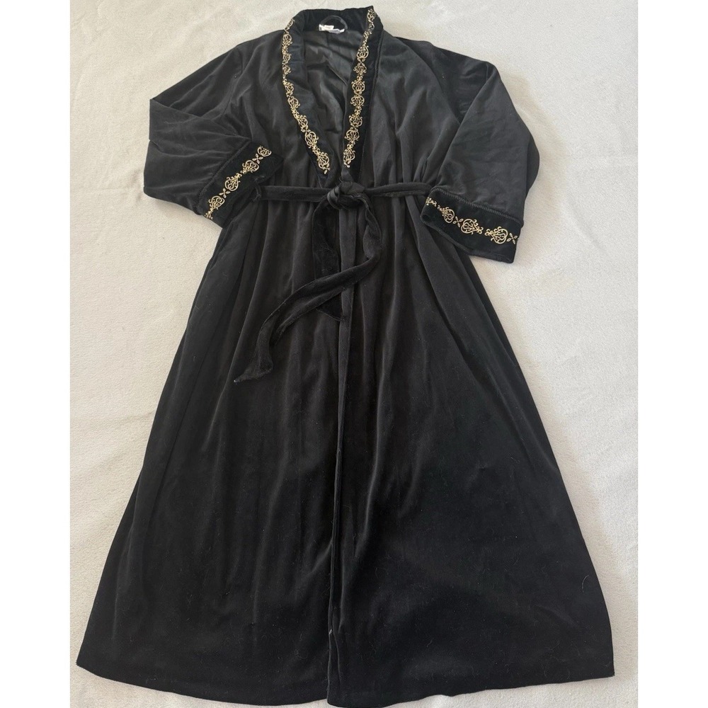 VTG Morgan Taylor Black Velour Dressing Gown Robe Gold Embroidery OldHollywood L